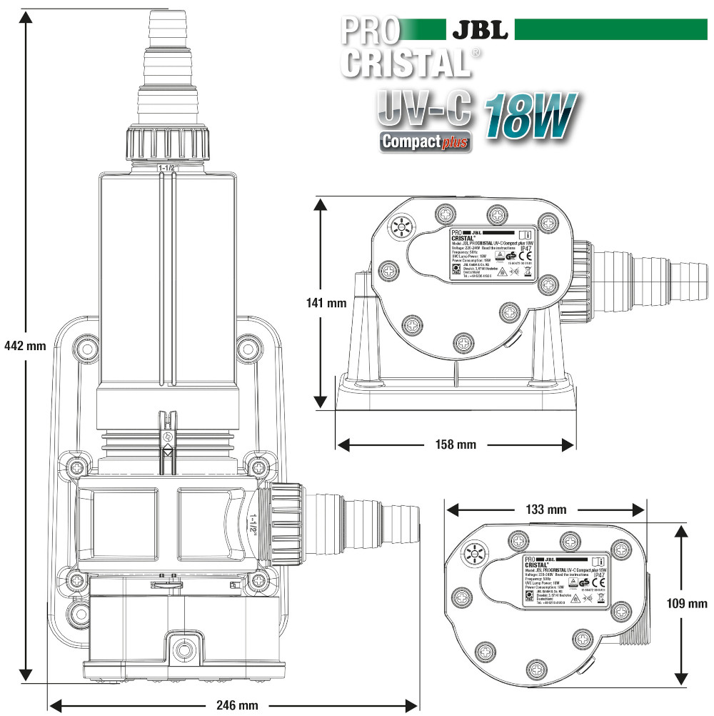 JBL PROCRISTAL UV-C Compact plus 18 W Abmessungen