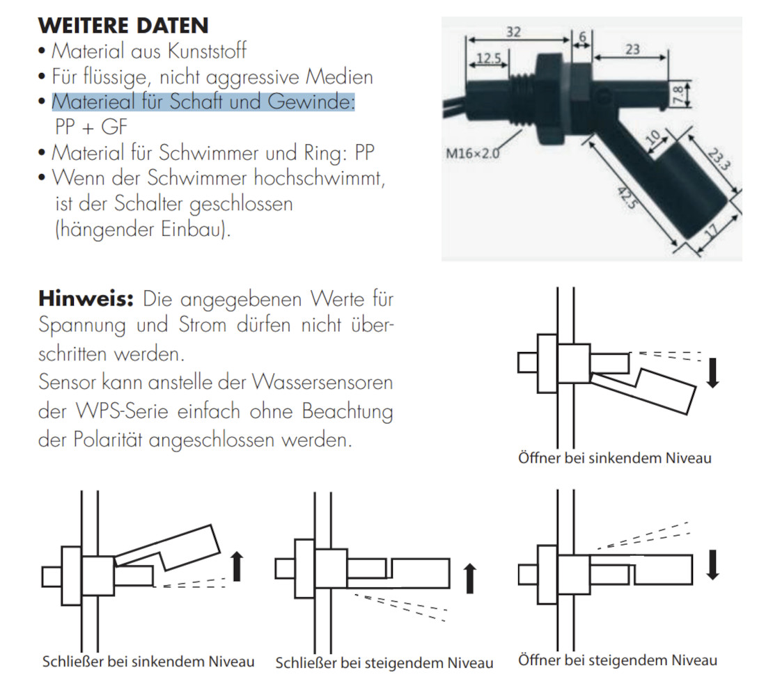 Schwimmerschalter Kunststoff S3 Einbaulage